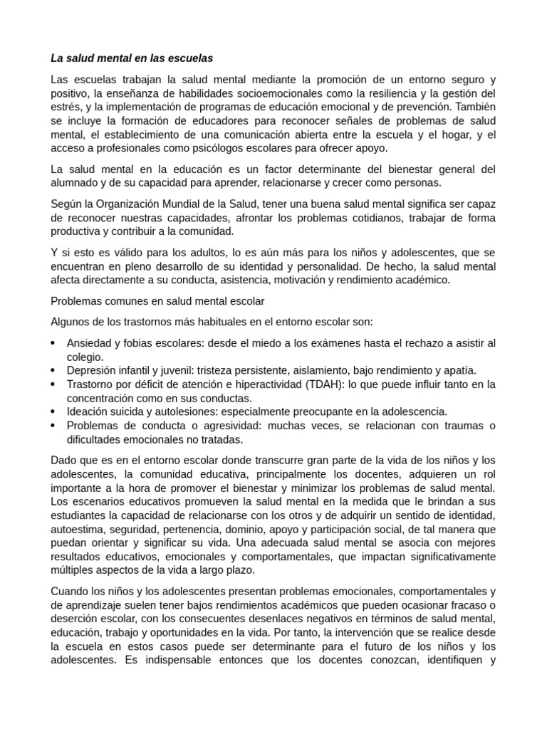 La Salud Mental en Las Escuelas - Psicología Educativa | PDF | Salud ...