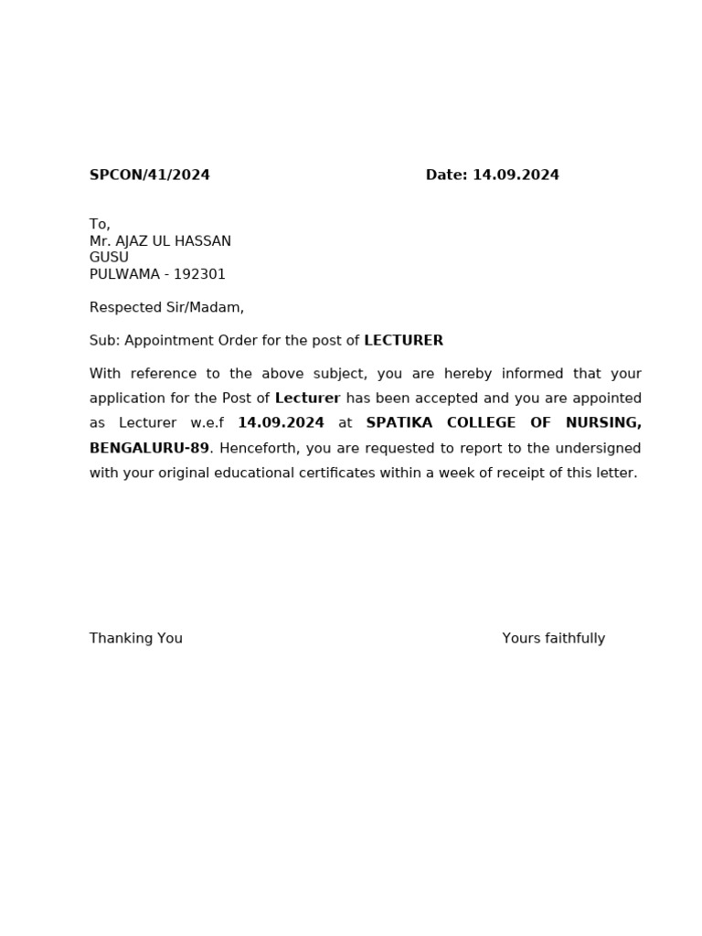 Spcon Appointment Letter | PDF | Academia | Ranks