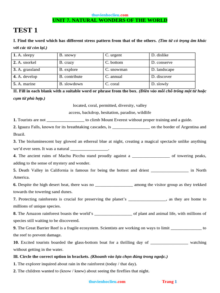 Bai Tap Tieng Anh 9 Global UNIT 7. NATURAL WONDERS of The WORLD | PDF