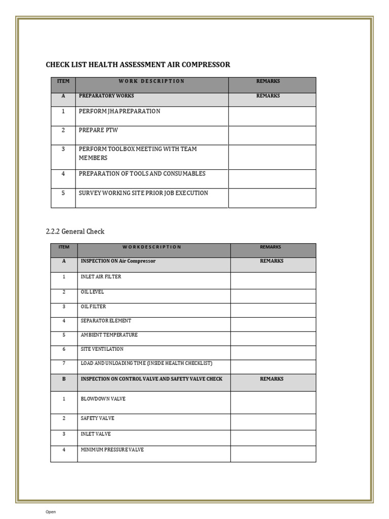 CHECK LIST Air Compressor | PDF | Valve | Relay