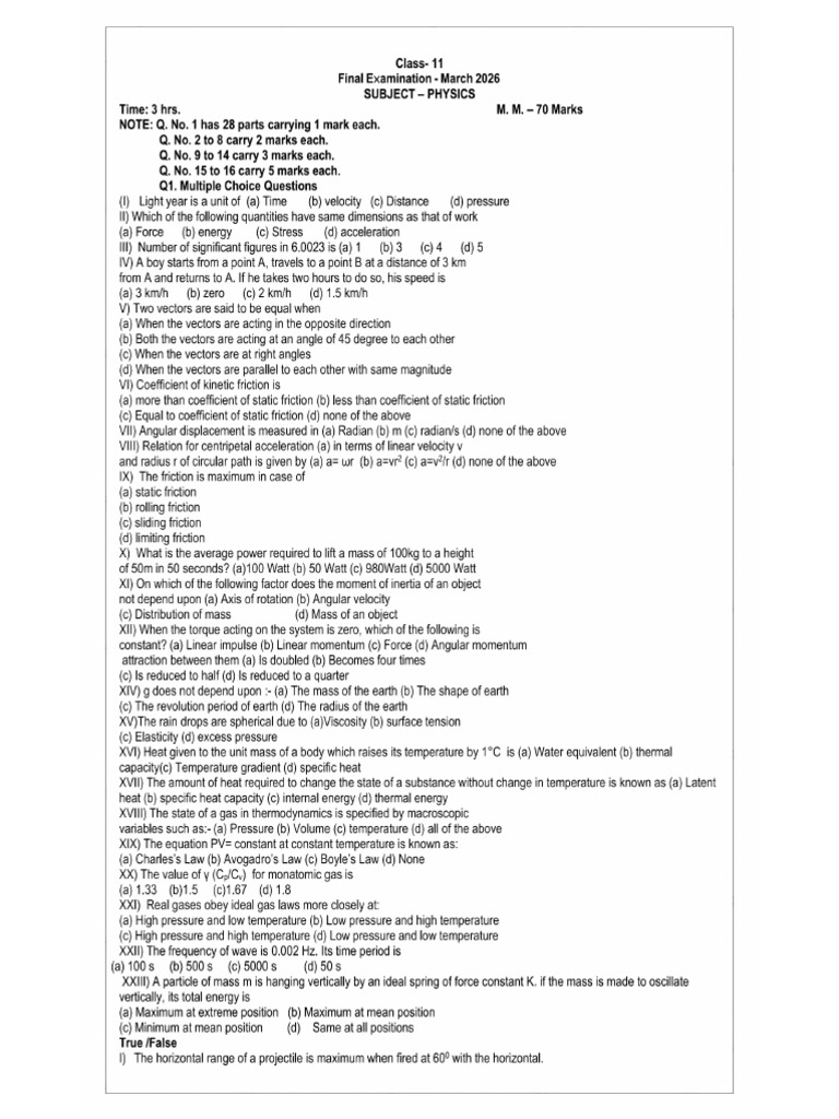 11th Physics Final Paper 2026 | PDF