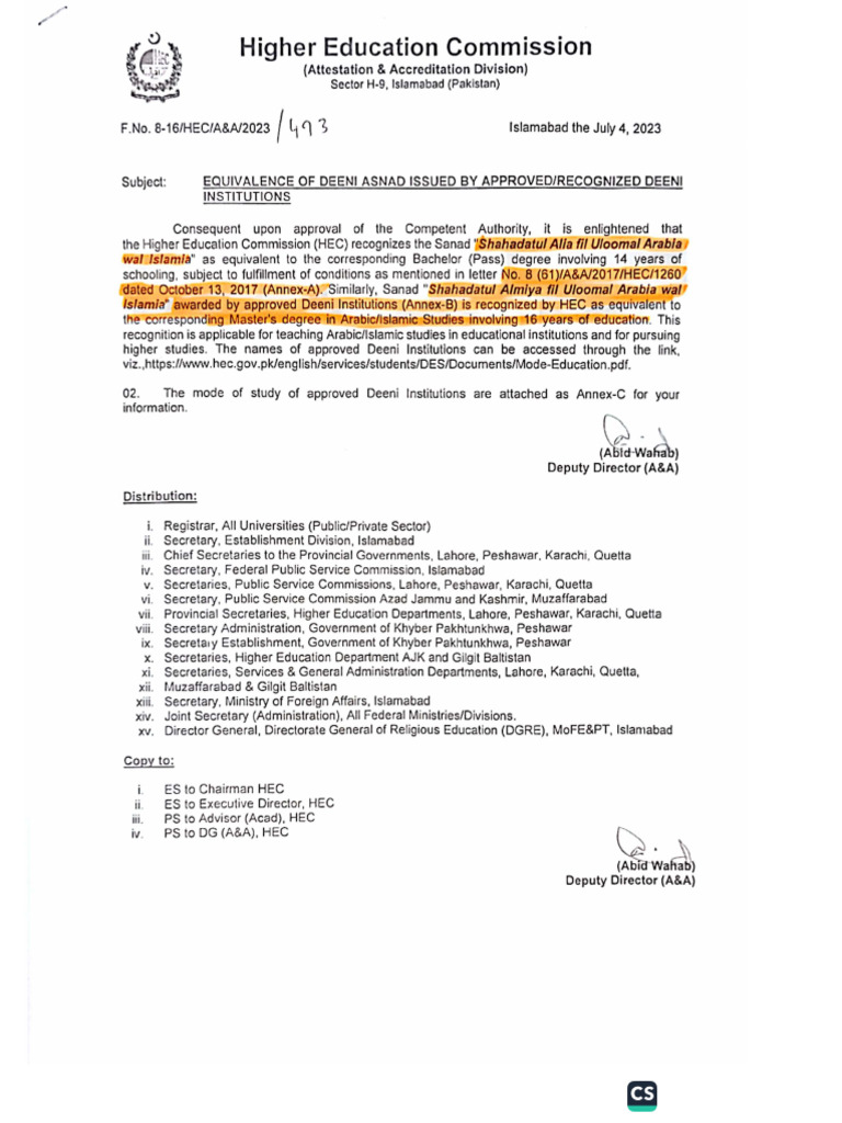 Wafaq HEC Letter | PDF