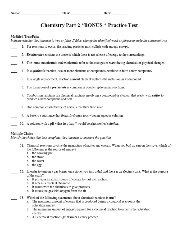 Chemistry 2 Practice Test Bonus | PDF | Chemical Reactions | Chemistry