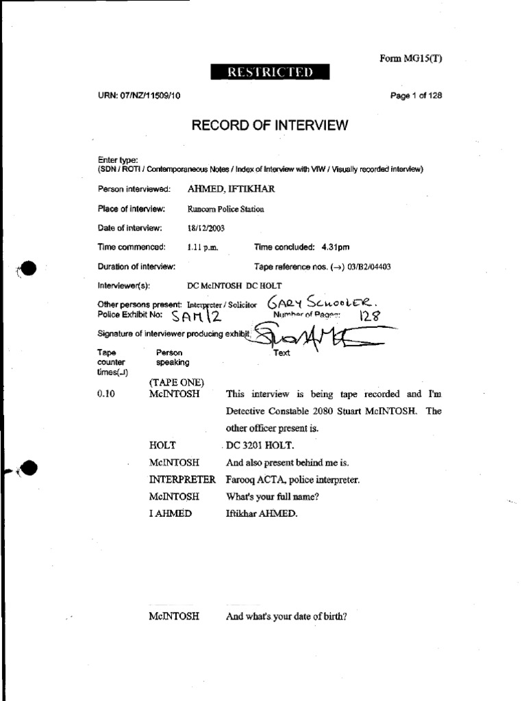 Iftikhar Ahmed Police Interview Record | PDF | Right To Silence