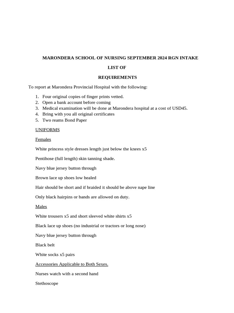 RGN Training Requirements Marondera School of Nursing September RGN ...