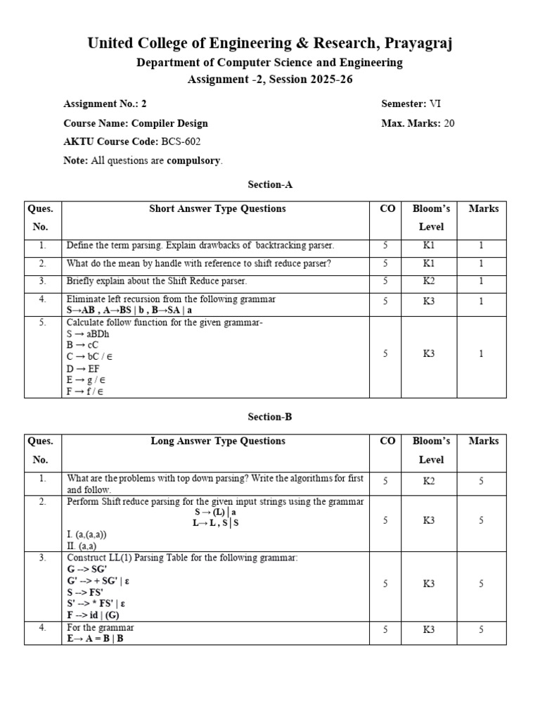 Compiler Design Assignment 2 (25 26) | PDF | Parsing | Syntax (Logic)