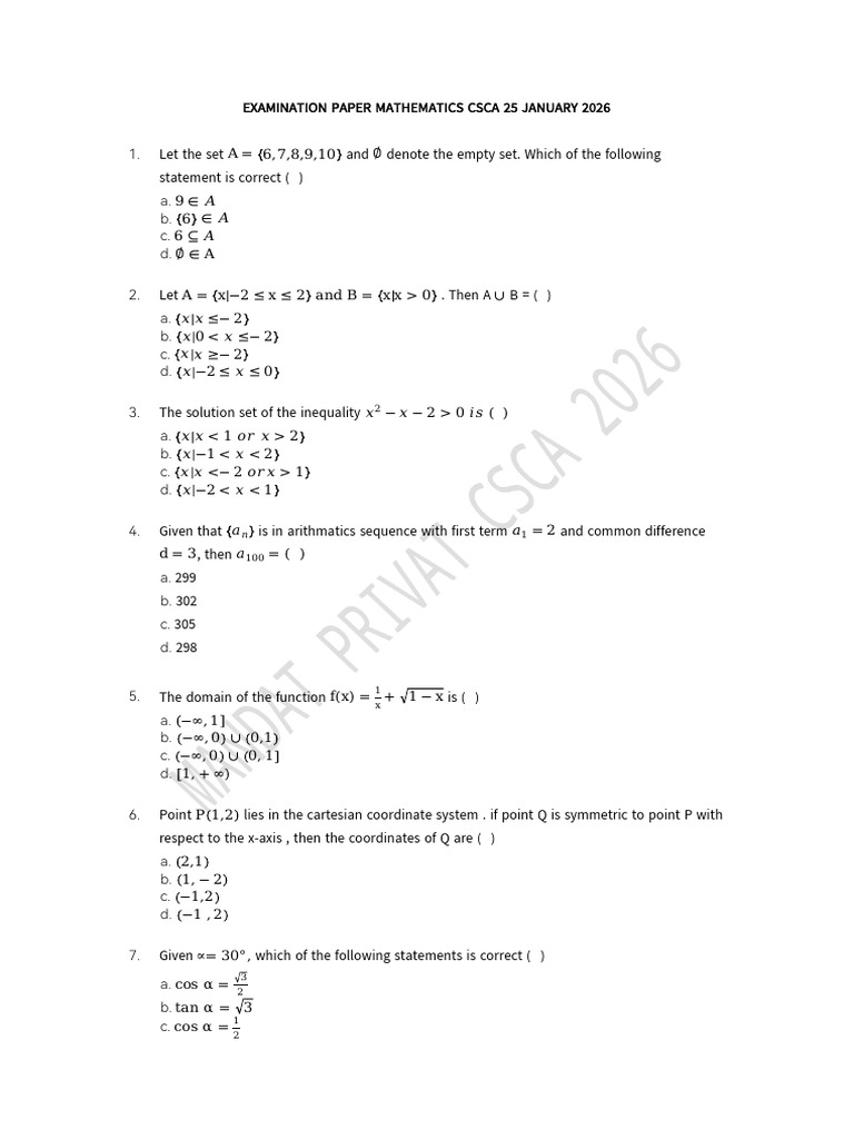 Exampaper Math CSCA 25 Jan 2026 | PDF | Mathematics | Analytic Geometry