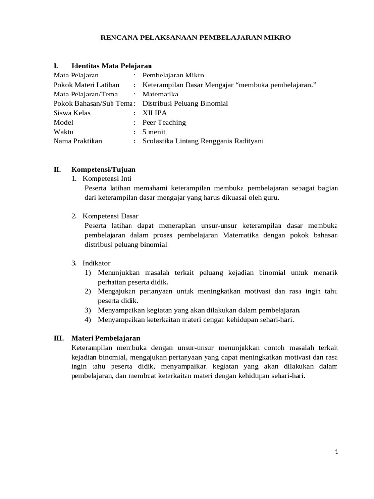 RPP Micro Teaching Scolastika Lintang | PDF
