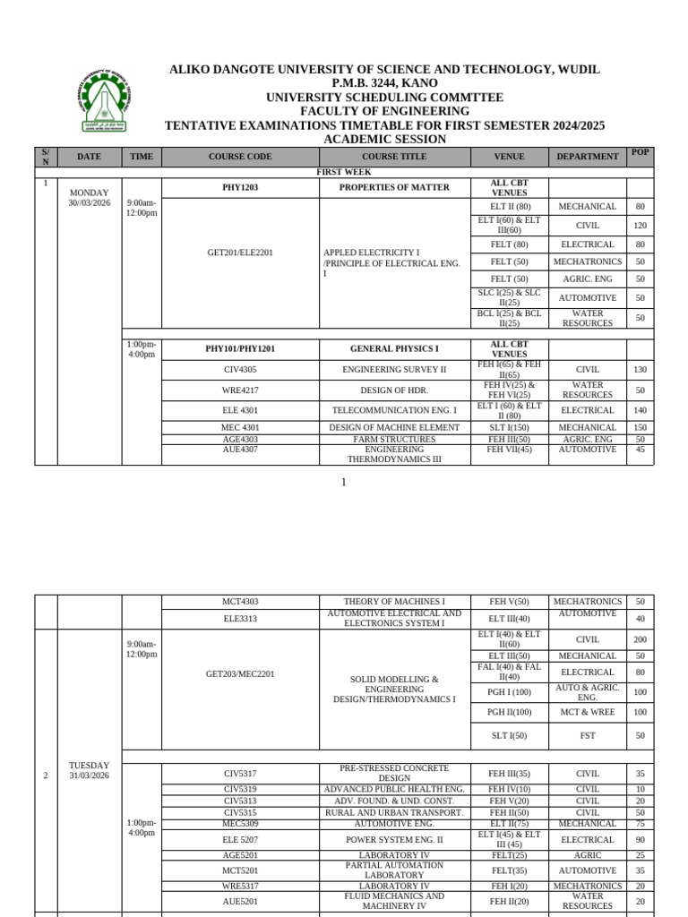 Faeng First Semester 2025 - 2026 Tentative Examination Timetable | PDF ...