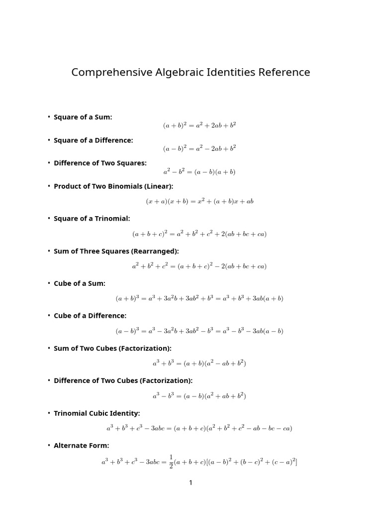 Algebraic Identities Reference | PDF