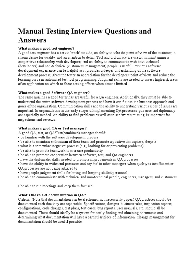Manual Testing Interview Questions and Answers What Makes A Good Test Engineer? PDF