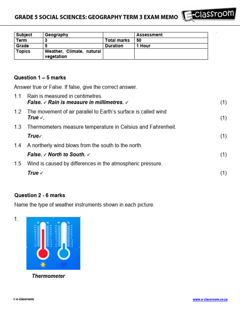 Grade 5 Geography Term 3 Assessment Memo | PDF | Rain | Wound