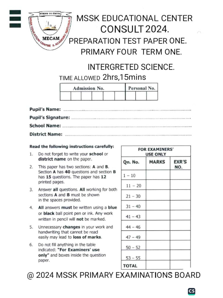 MSSK p4 Scie Paper One 2024 Term One | PDF