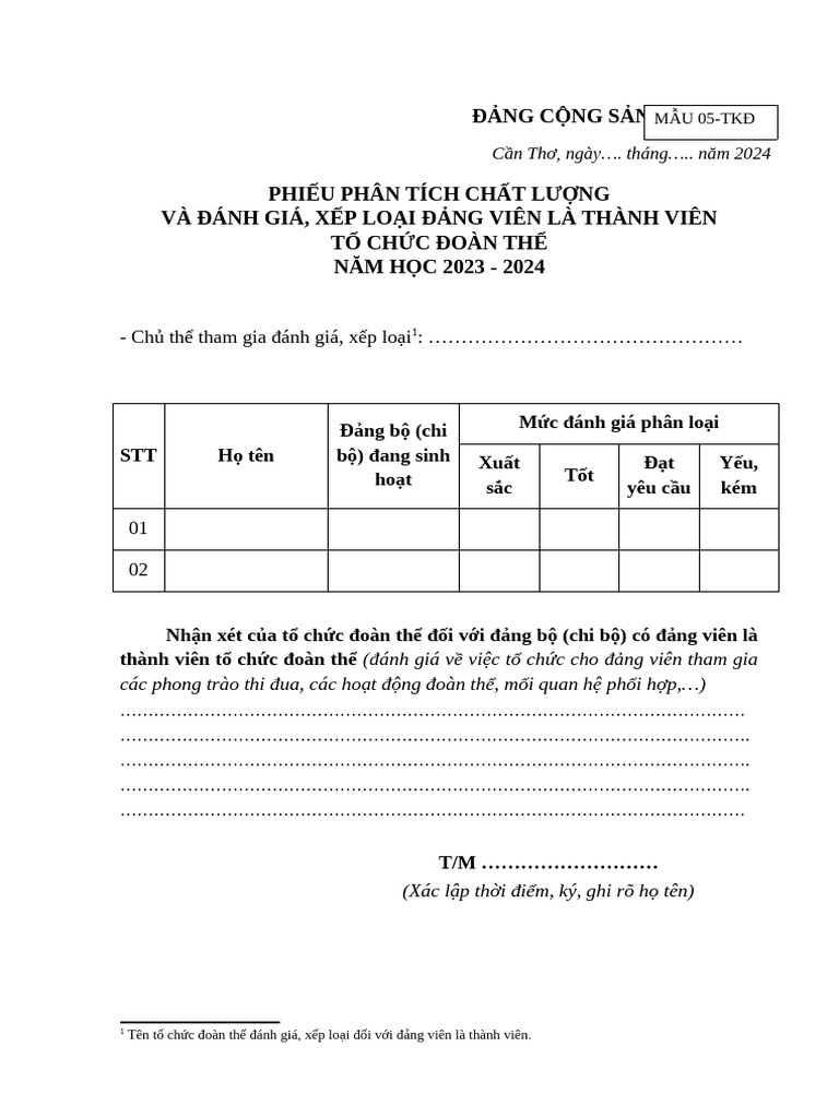 Mau Phieu Phan Tich Danh Gia Xep Loai DV Là Thanh Vien Doan The | PDF