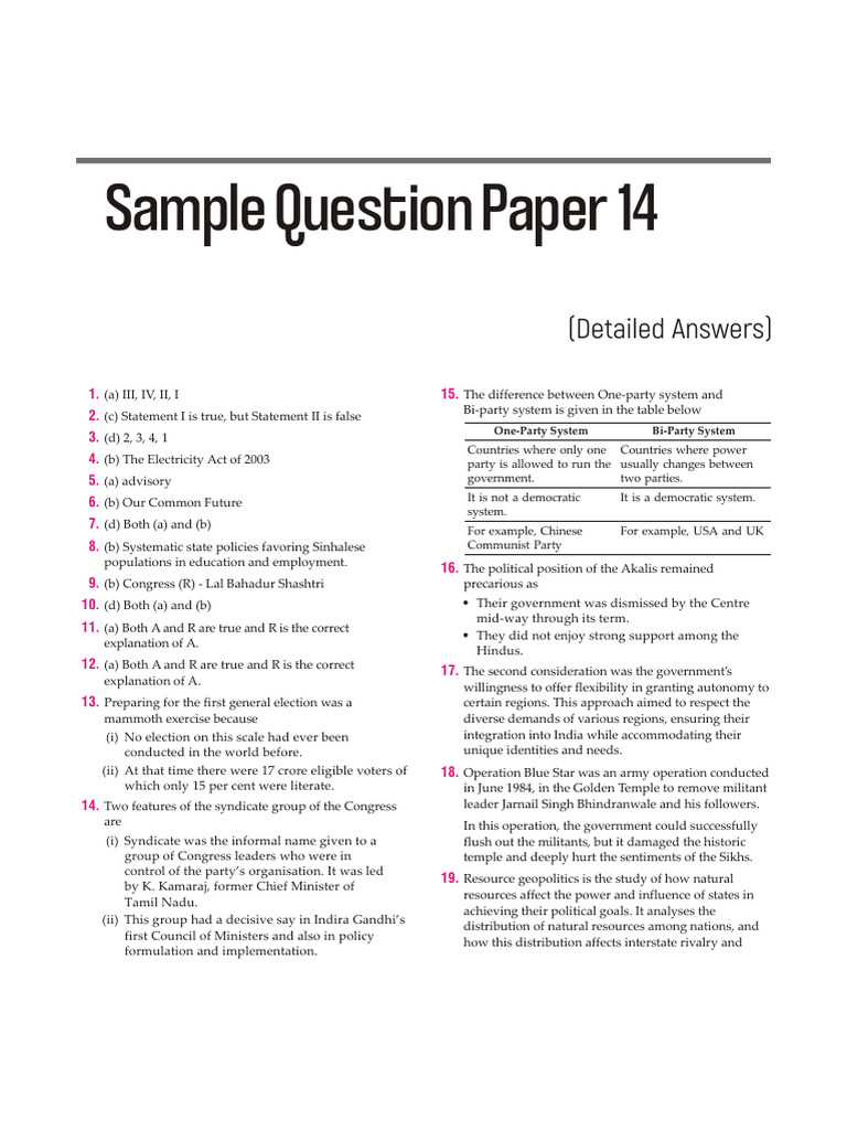 CBSE Political Science Sample Paper 14 Answers | PDF | United Nations ...