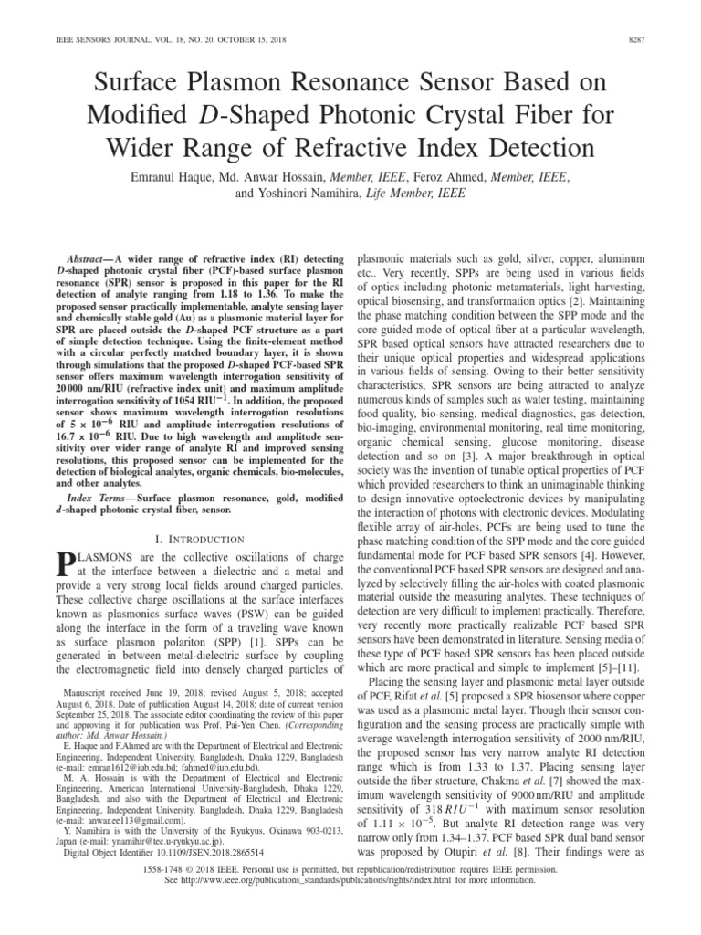 Surface Plasmon Resonance Sensor Based On Modified D - Shaped Photonic ...