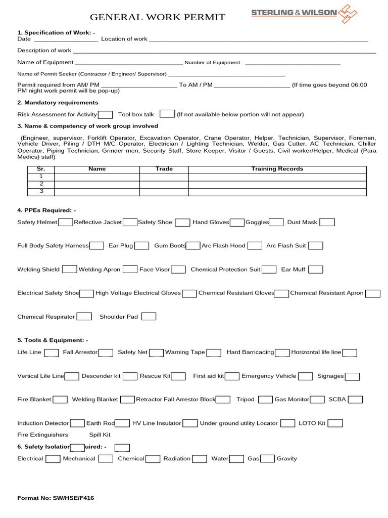 SWHSEF416-Work Permit - General Work | PDF | Welding | Construction