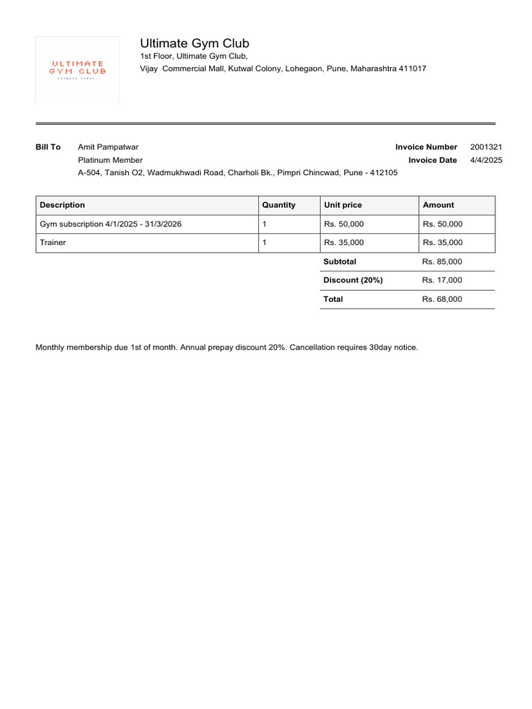 Gym Membership Invoice | PDF