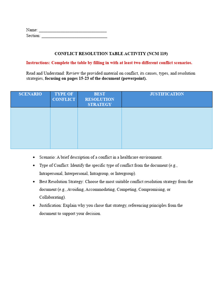 Conflict Resolution Table Activity Worksheet | PDF