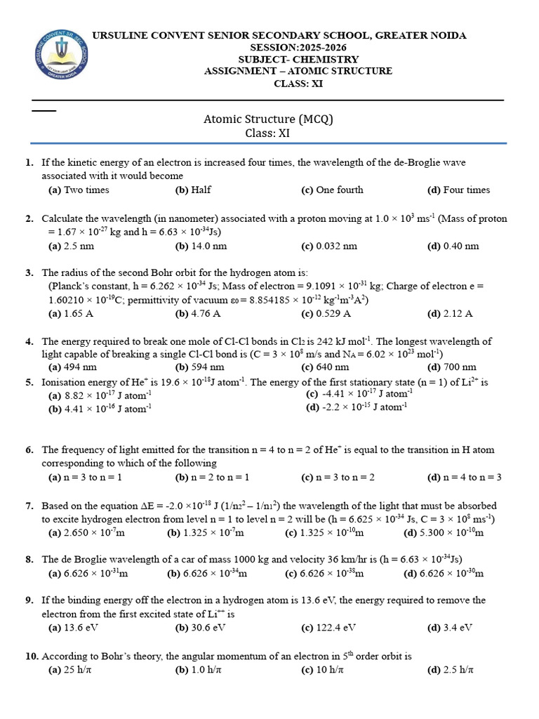 Class - 11 Assignment CH 2 Atomic Structure | PDF | Atomic Orbital | Atoms