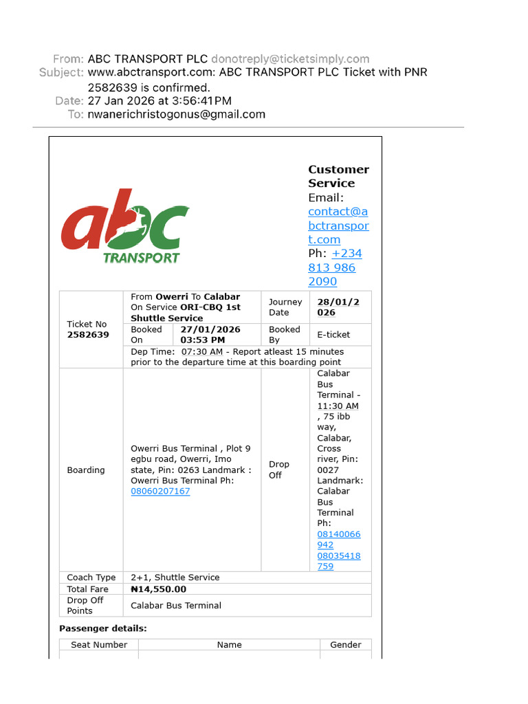 ABC TRANSPORT PLC Ticket With PNR 2582639 Is Confirmed. | PDF | Bus | Fee