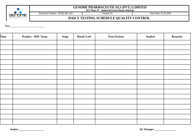 Daily Testing Schedule Quality Control.. | PDF
