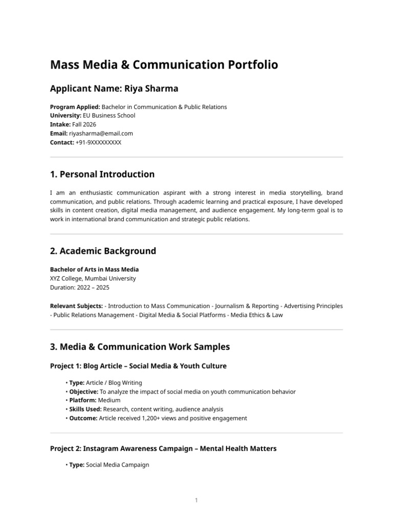 Sample Mass Media & Communication Portfolio (Eu Business School) | PDF ...