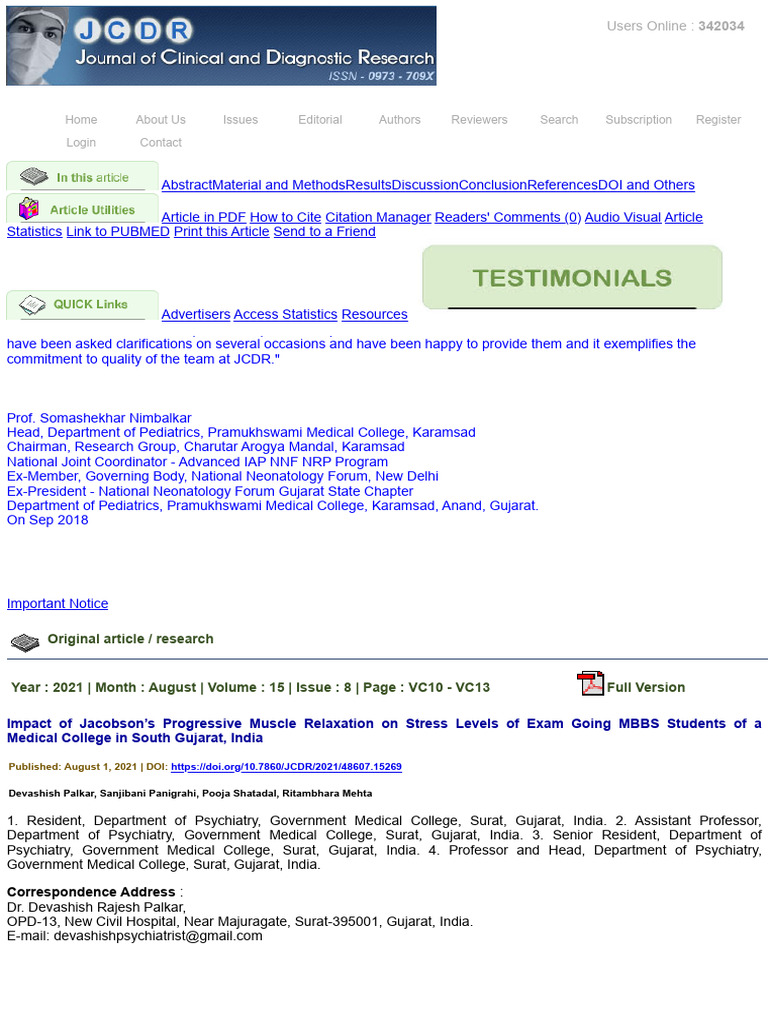 JCDR - Exam Anxiety, Medical Students, Perceived Stress, Psychological ...