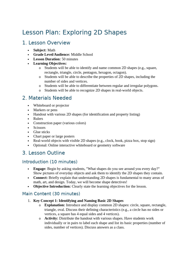 Lesson Plan: Exploring 2D Shapes | PDF | Shape | Polygon