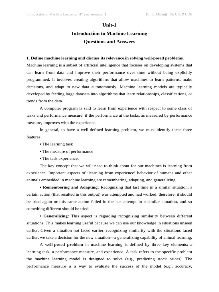 Introduction To Machine Learning-Q&A | PDF | Receiver Operating ...