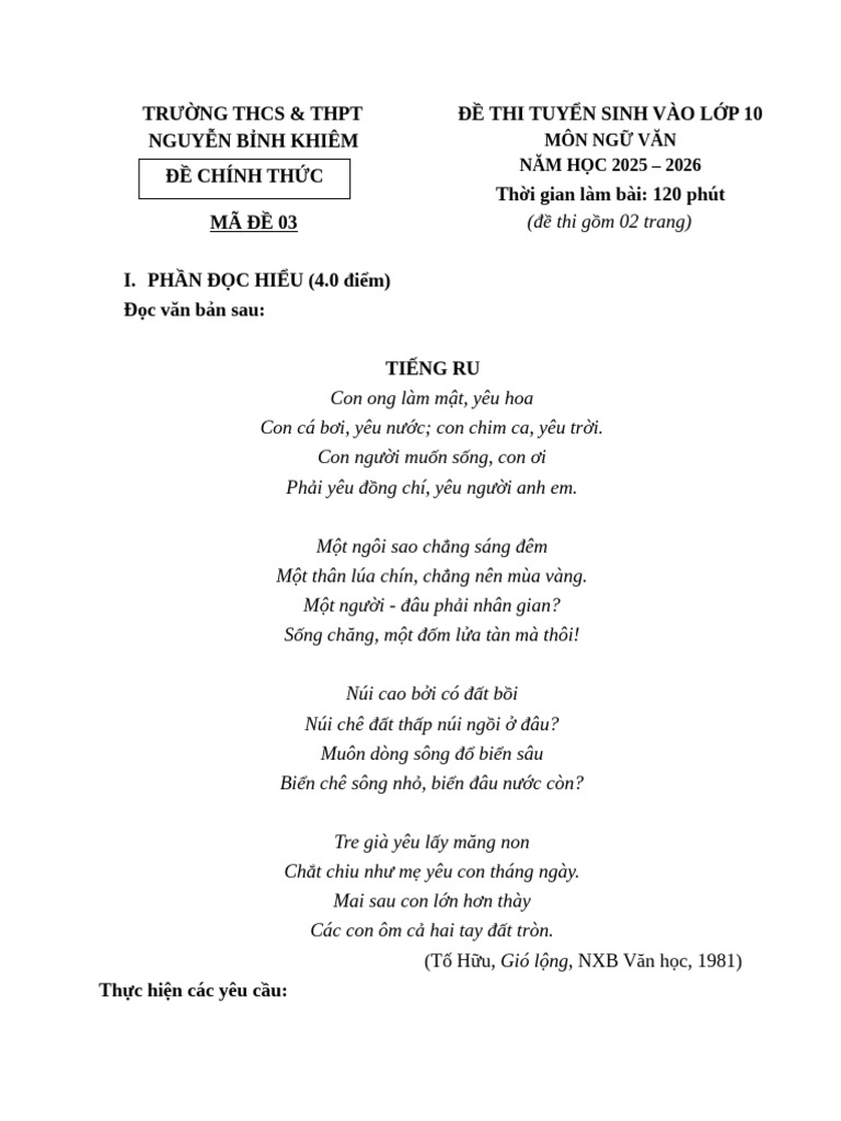 Đề thơ Tiếng ru 9 | PDF