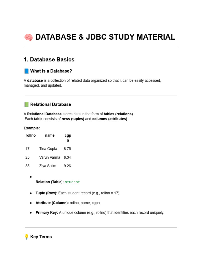 ? Database & JDBC Study Material | PDF | Databases | Relational Database