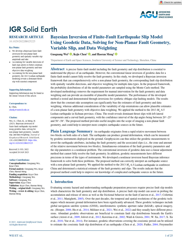JGR Solid Earth - 2023 - Wei - Bayesian Inversion of Finite Fault ...