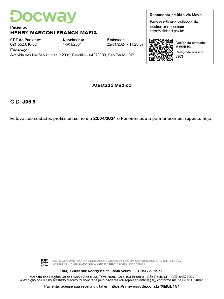 Henry Marconi Franck Mafia: Atestado Médico | PDF