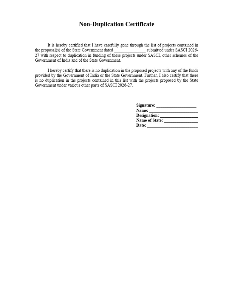 Non-Duplication Certificate: Signature: Name: Designation: Name of ...