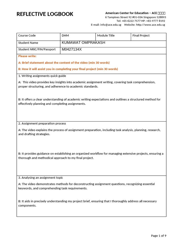 KUMAWAT OMPRAKASH Reflective Logbook | PDF | Apa Style | Plagiarism