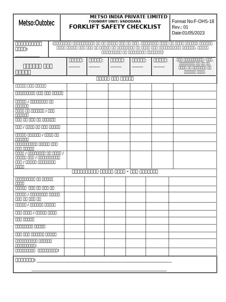 F-Ohs-18 Forklift Safety Checklist | PDF