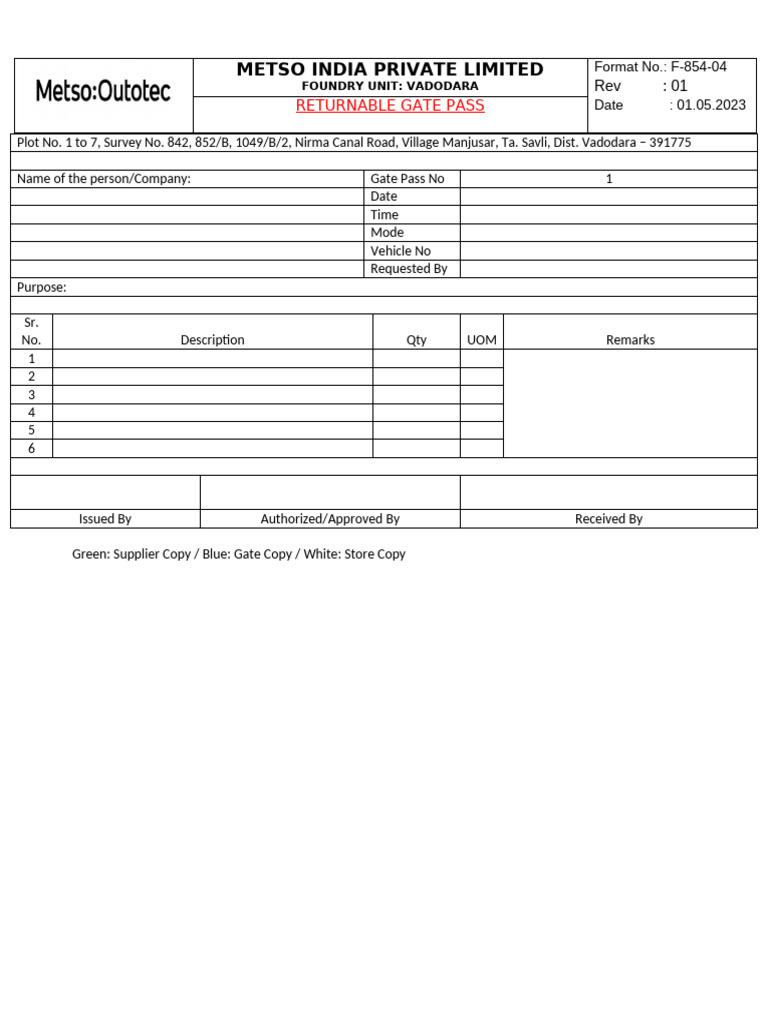 Returnable Gatepass | PDF