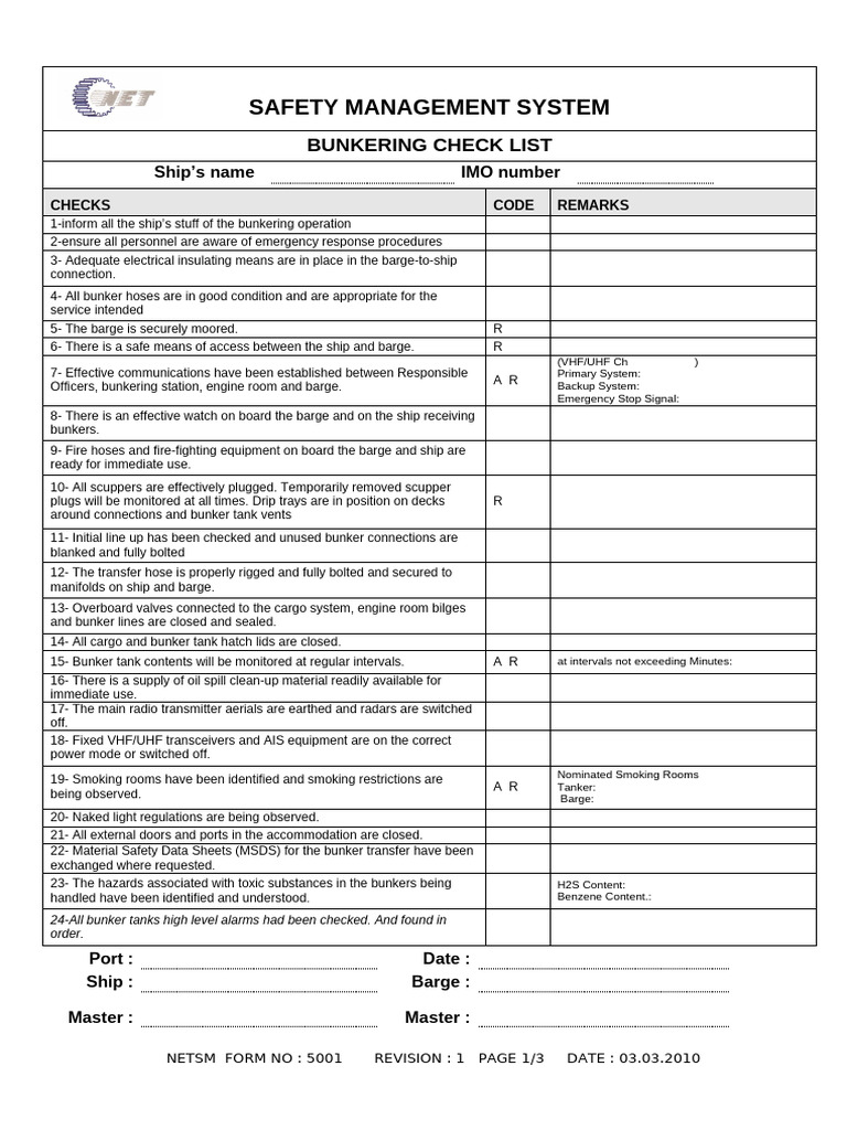 Netsm5001 Bunkering Check List | PDF | Ships | Valve