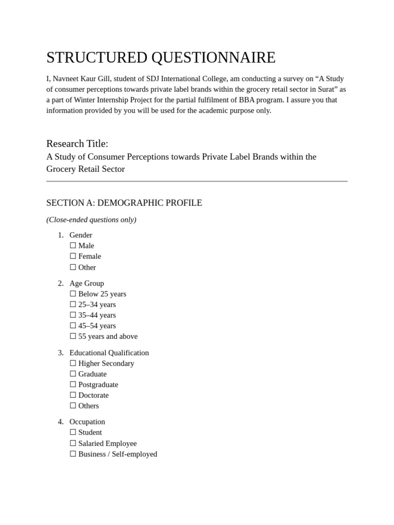 STRUCTURED QUESTIONNAIRE Chapter 3 | PDF | Brand | Private Label