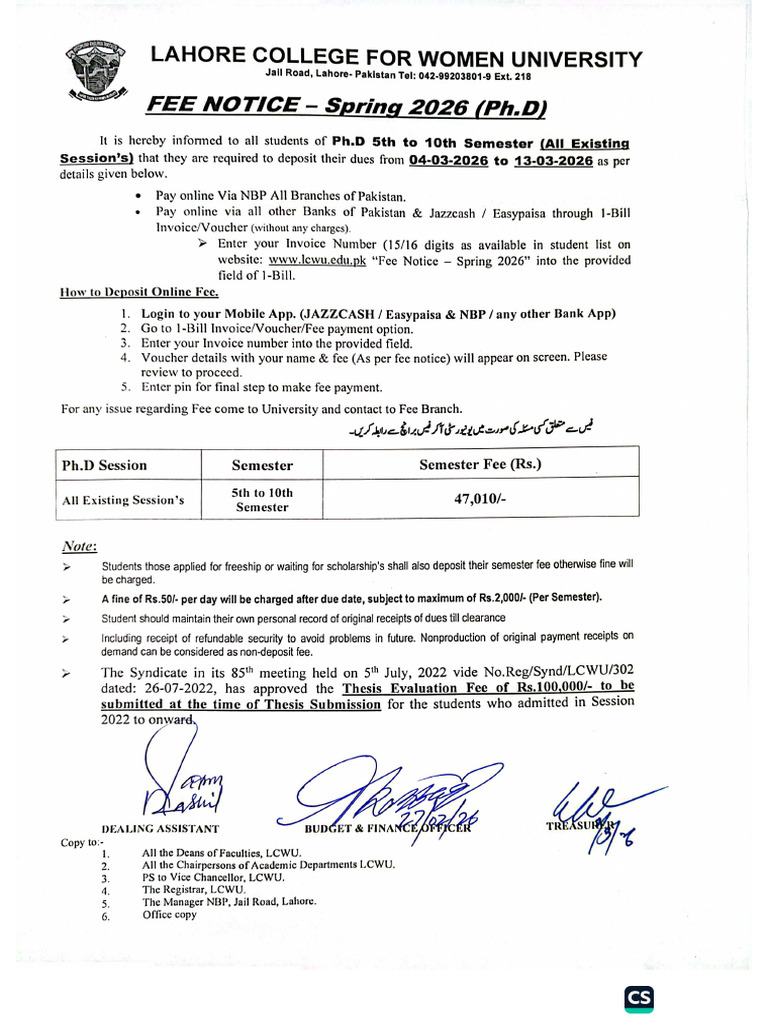 Fee Notice Spring-2026 (PH.D) | PDF