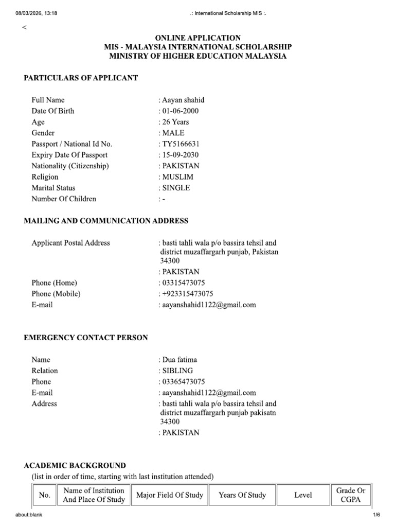 Application Form Malaysia Mis Scholership 2026 TY5166631 | PDF