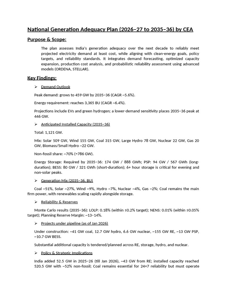 National Generation Adequacy Plan (2026-27 To 2035-36) by CEA | PDF ...