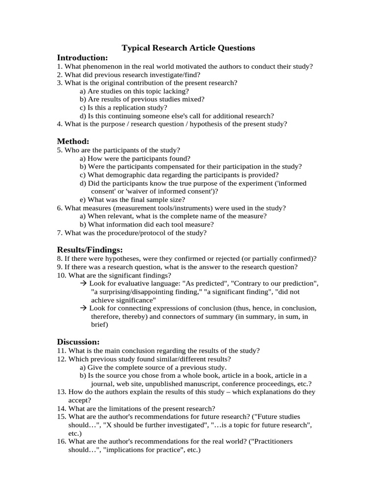 Typical Research Article Questions - Elana | PDF | Hypothesis ...
