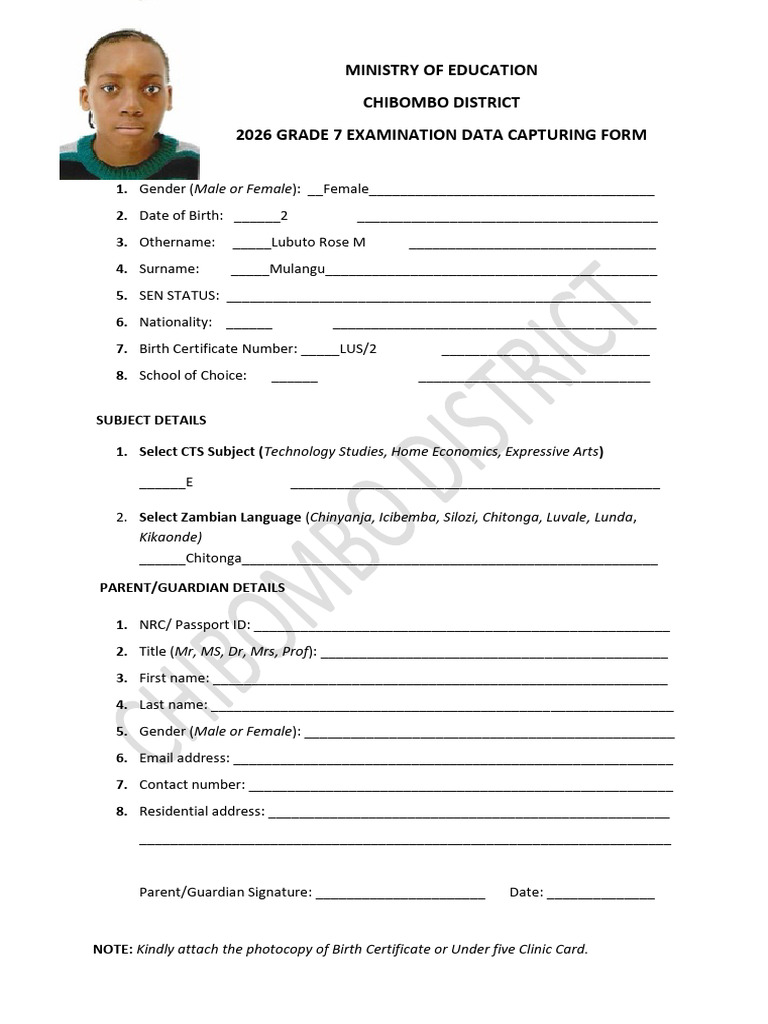 2026 Grade 7 Examination Registration Form | PDF