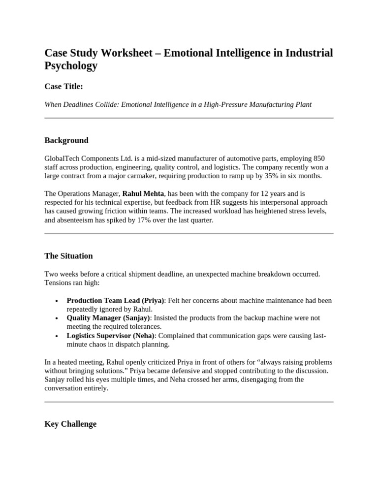 Case Study Worksheet | PDF | Emotional Intelligence | Leadership