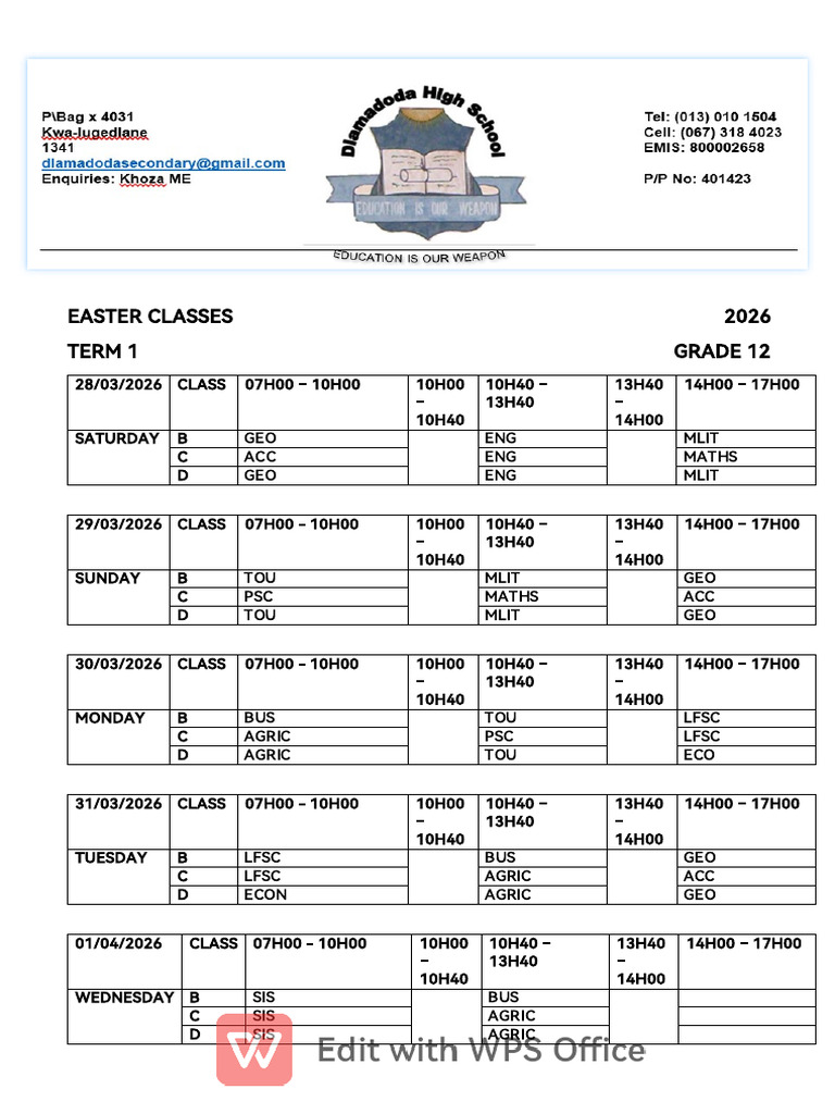 Easter Classes 2026 Timetable - 091813 | PDF