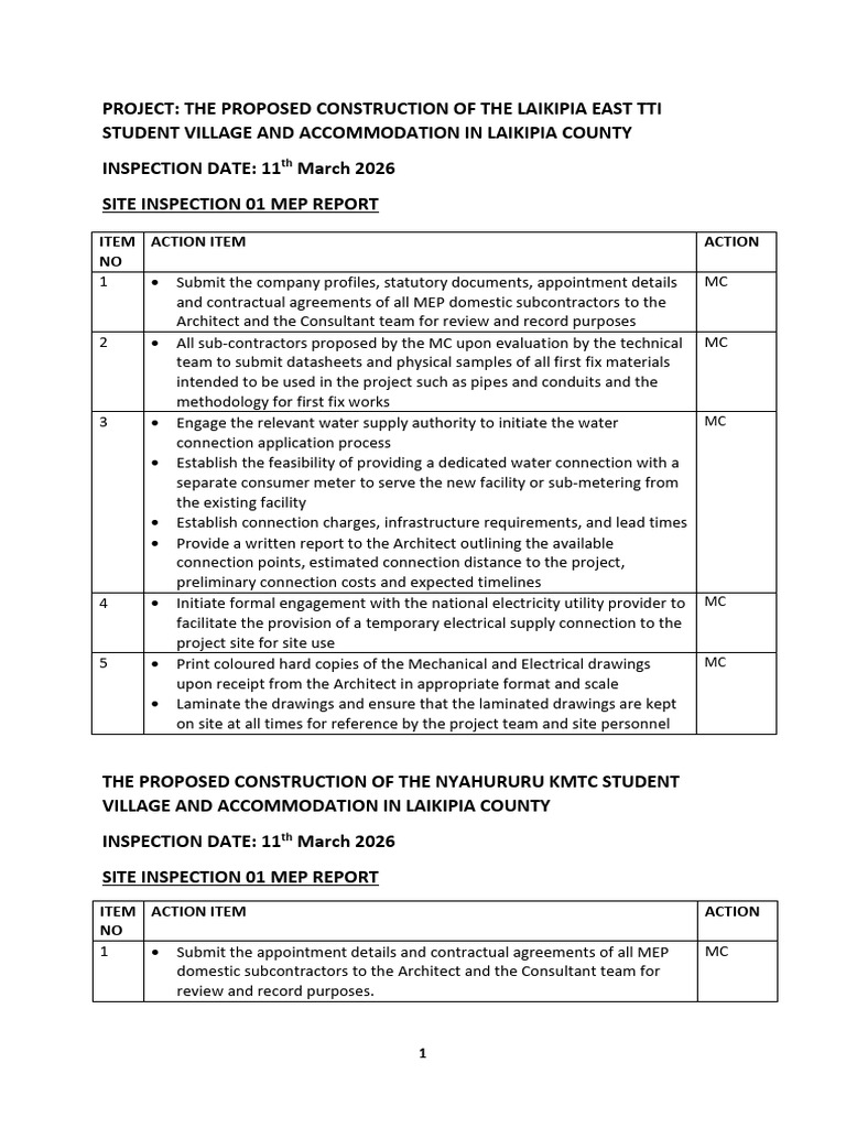 Laikipia East Tti & Nyahururu KMTC Site Inspection 01 Mep Report | PDF ...