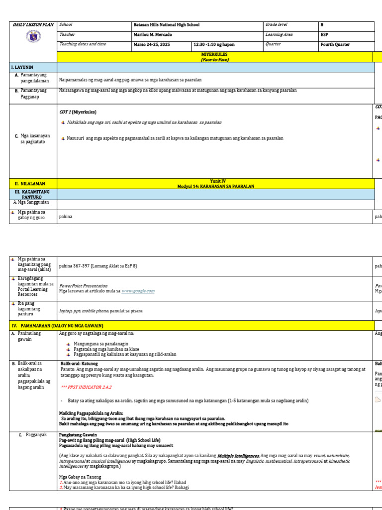 Esp Cot Modyul 13 DLP 2024 25 | PDF