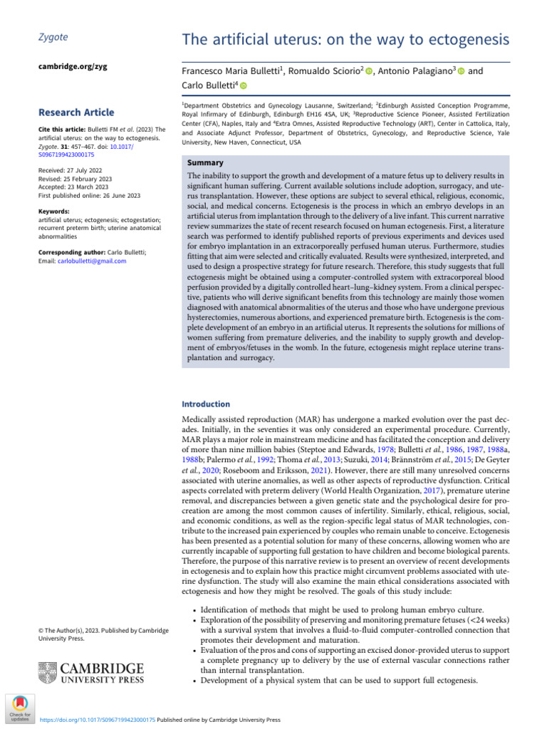 The Artificial Uterus On The Way To Ectogenesis | PDF | Uterus ...